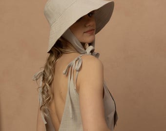 Linen Sun Hat with Ties | Wide Brim Summer Hat | Floppy Beach Hat | Women's Sun Protection Hat | Lightweight Linen Bucket hat | CÉLESTE HAT