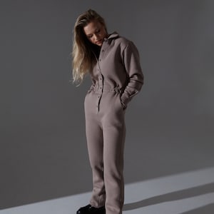 Leisure warm cotton jersey overall, CUSTOM trouser length, suitable for winter, autumn, flattering romper, loose fit, CUDDLE UP jumpsuit Light cocoa