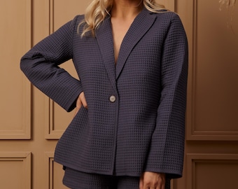 Waffle Cotton Blazer – Oversized Single-Breasted Summer Jacket