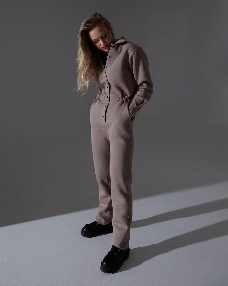 Leisure warm cotton jersey overall, CUSTOM trouser length, suitable for winter, autumn, flattering romper, loose fit, CUDDLE UP jumpsuit Light cocoa