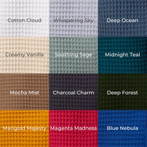 May include: A grid of waffle-weave fabric swatches in various colors. Colors include white, light gray, dark blue, beige, sage green, teal, brown, charcoal, dark green, yellow, magenta, and blue. Each swatch has a color name printed on it.