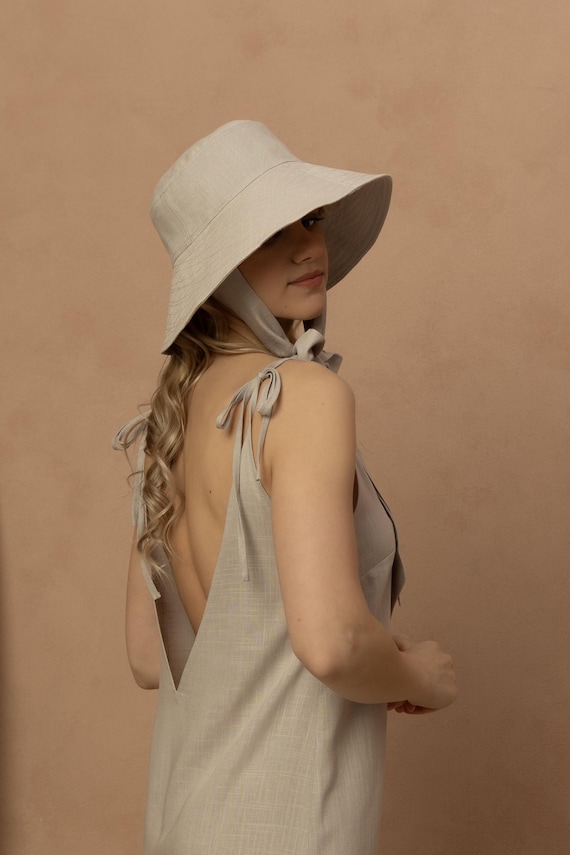 Linen Sun Hat with Ties | Wide Brim Summer Hat | Floppy Beach Hat | Women's Sun Protection Hat | Lightweight Linen Bucket hat | CÉLESTE HAT