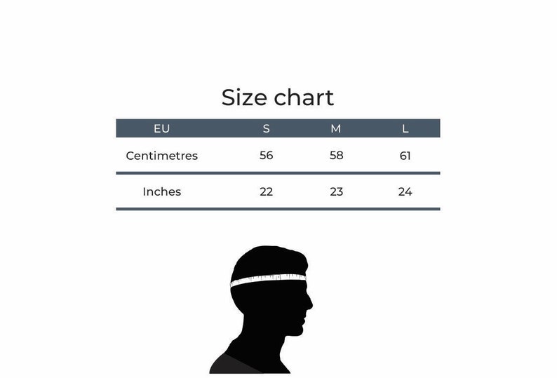 May include: A size chart with measurements in centimeters and inches. The chart shows sizes S, M, and L, with corresponding measurements of 56 cm (22 inches), 58 cm (23 inches), and 61 cm (24 inches). A silhouette of a person's head is shown below the chart.