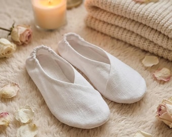 Pantuflas de lino: pantuflas de casa con tacón elástico, ligeras y transpirables con suave acolchado de algodón y lana, calzado acogedor hecho a mano.