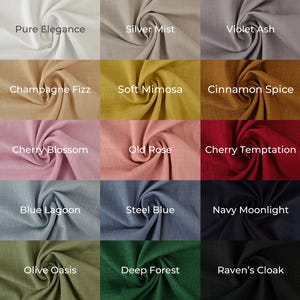 May include: A fabric swatch display showcasing various colors and textures. The swatches include shades like "Pure Elegance," "Silver Mist," "Violet Ash," "Champagne Fizz," "Soft Mimosa," "Cinnamon Spice," "Cherry Blossom," "Old Rose," "Cherry Temptation," "Blue Lagoon," "Steel Blue," "Navy Moonlight," "Olive Oasis," "Deep Forest," and "Raven's Cloak."