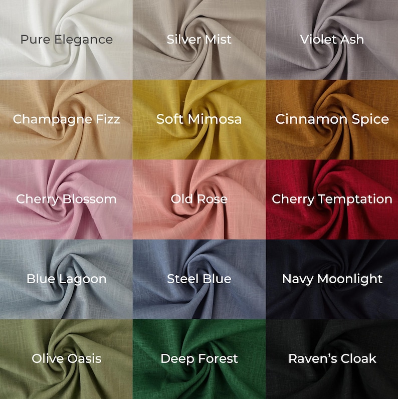 May include: A fabric swatch display showcasing various colors and textures. The swatches include shades like "Pure Elegance," "Silver Mist," "Violet Ash," "Champagne Fizz," "Soft Mimosa," "Cinnamon Spice," "Cherry Blossom," "Old Rose," "Cherry Temptation," "Blue Lagoon," "Steel Blue," "Navy Moonlight," "Olive Oasis," "Deep Forest," and "Raven's Cloak."