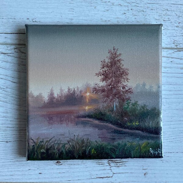 Moody Forest Small Oil Painting Landscape Original Mini Oil Painting Foggy Forest Wall Art Tiny Canvas Art 6 x 6''