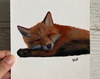 Cute Fox Painting, Realistic Fox Art, Small Oil Painting Original, Red Fox, Sleeping Fox Gifts