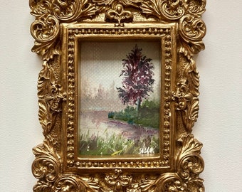 Tiny Oil Painting Framed Antique Oil Painting Original Nature Art Vintage Landscape Small Gold Frame Mini Painting