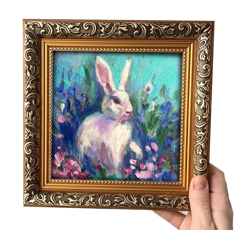 Framed Original Painting Wall Decor Oil rabbit 6x6 landscape original Art Small Bunny Gold frame Nursery wall art lover gift Easter image 2