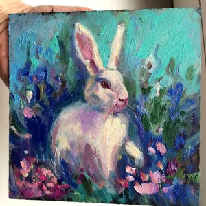 Framed Original Painting Wall Decor Oil rabbit 6x6 landscape original Art Small Bunny Gold frame Nursery wall art lover gift Easter image 3