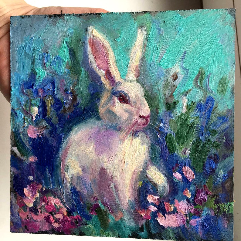 Framed Original Painting Wall Decor Oil rabbit 6x6 landscape original Art Small Bunny Gold frame Nursery wall art lover gift Easter image 3