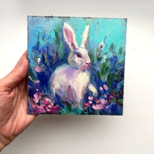 Framed Original Painting Wall Decor Oil rabbit 6x6 landscape original Art Small Bunny Gold frame Nursery wall art lover gift Easter image 4