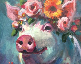 Framed pig small painting portrait Oil Original Small gift for niece Animal Artwork Shelf antique frame Art piggy lover gift Pet