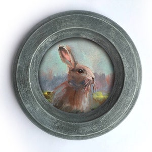 Framed Original Painting Animal landscape rabbit hare Vintage rustic farmcore cottagecore farmhouse decor rustic victorian wall decor round image 3