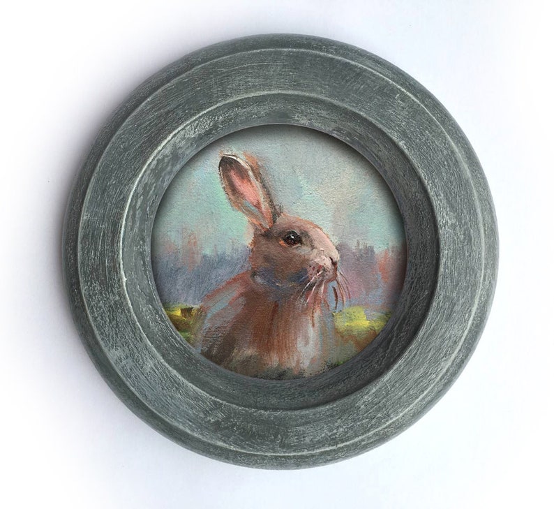 Framed Original Painting Animal landscape rabbit hare Vintage rustic farmcore cottagecore farmhouse decor rustic victorian wall decor round image 3