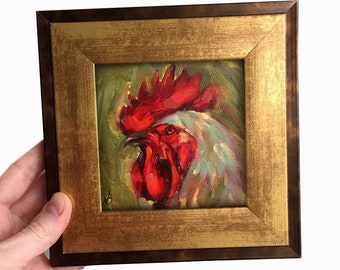 Framed rooster Painting  Farm Bird Original  Small gift Frame Oil Artwork animal nature Shelf Home Decor Handmade spring birds