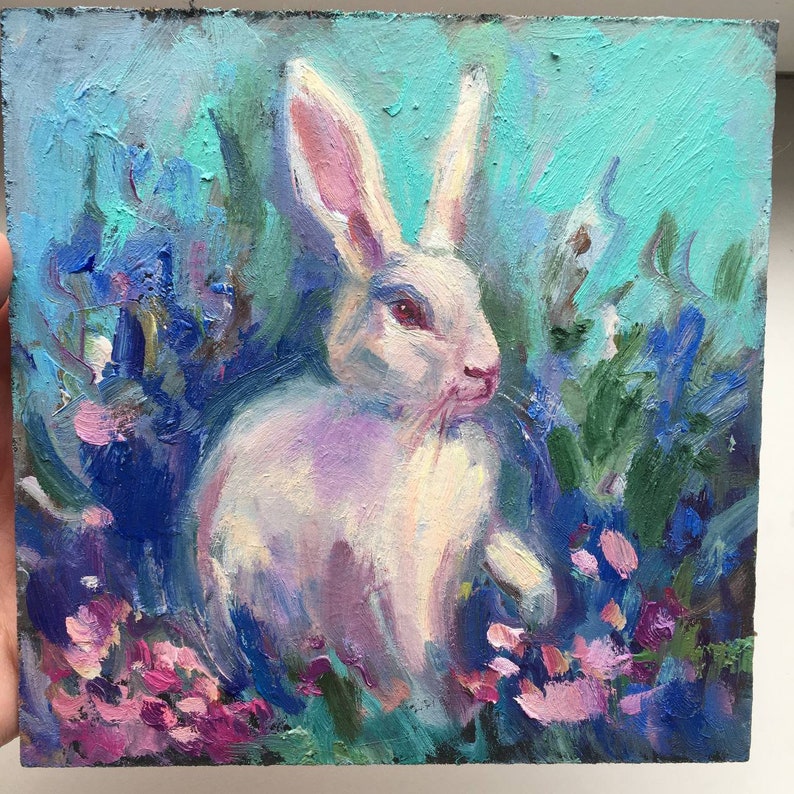 Framed Original Painting Wall Decor Oil rabbit 6x6 landscape original Art Small Bunny Gold frame Nursery wall art lover gift Easter image 7