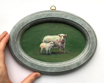Framed Original Painting sheep Animal Artwork in Green Frame Vintage cottage decor Small victorian wall round Farm Artwork Country
