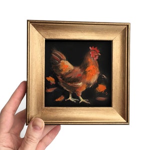 Framed Original painting Small Hen Bird Oil Gold frame gift birds animal Antique Style Farmhouse Chicken Countryside Decor Black background