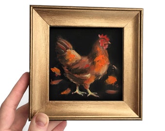 Framed Original painting Small Hen Bird Oil Gold frame gift birds animal Antique Style Farmhouse Chicken Countryside Decor Black background