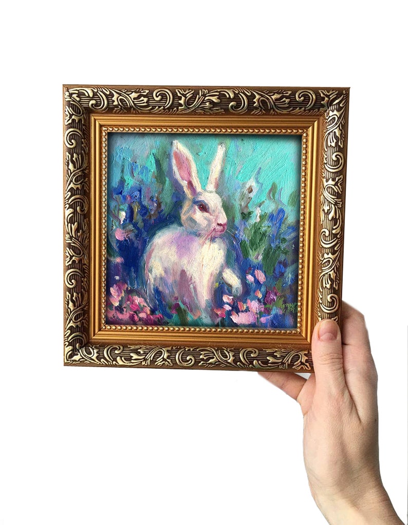 Framed Original Painting Wall Decor Oil rabbit 6x6 landscape original Art Small Bunny Gold frame Nursery wall art lover gift Easter image 10