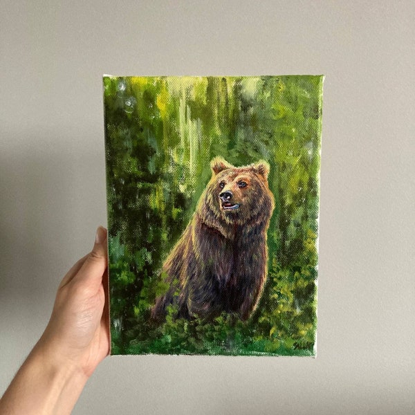 Grizzly Bear Oil Painting Wildlife Wall Art Animal Painting On Canvas Wildlife Wall Decor Small Canvas Art 7x9 Art