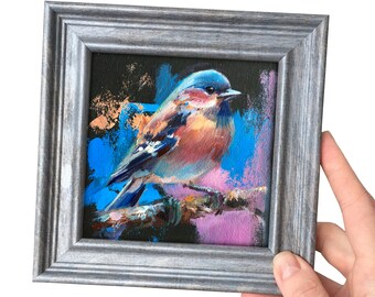 FRAMED SMALL bird original painting Gold landscape gift for her birds on a branch wall art Shelf Home Decor Tiny Frame Wildlife robin sialia