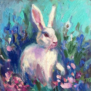 Framed Original Painting Wall Decor Oil rabbit 6x6 landscape original Art Small Bunny Gold frame Nursery wall art lover gift Easter image 1