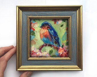 Framed original bird painting Sialia Gold frame landscape gift birds on a branch animal wall art Shelf Home Decor Antique Style