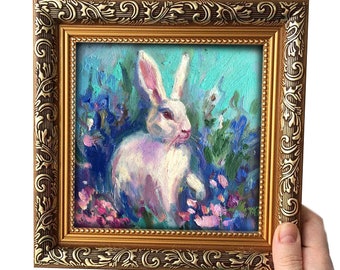 Framed Rabbit Oil Painting Original flowers Small bunny landscape gift for niece Animal Artwork Shelf antique frame Art Home Decor Handmade