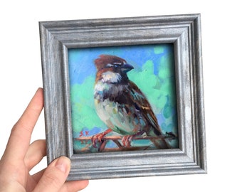 Framed Bird Original Painting Small blue sparrow tiny gift Frame Oil Artwork animal nature Shelf Home Decor Handmade blue bird spring birds