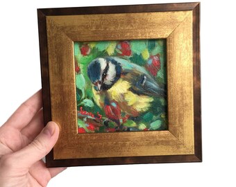 FRAMED blue bird original painting Gold frame Framed Oil of Birds Titmouse Three Landscape gift for her wall art Shelf Home Decor antique