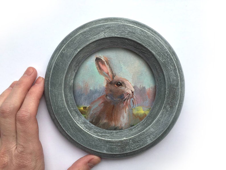 Framed Original Painting Animal landscape rabbit hare Vintage rustic farmcore cottagecore farmhouse decor rustic victorian wall decor round image 7