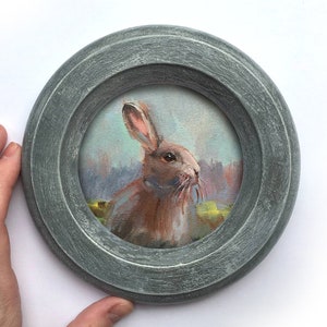 Framed Original Painting Animal landscape rabbit hare Vintage rustic farmcore cottagecore farmhouse decor rustic victorian wall decor round image 1