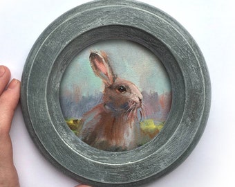 Framed Original Painting Animal landscape rabbit hare Vintage rustic farmcore cottagecore farmhouse decor rustic victorian wall decor round