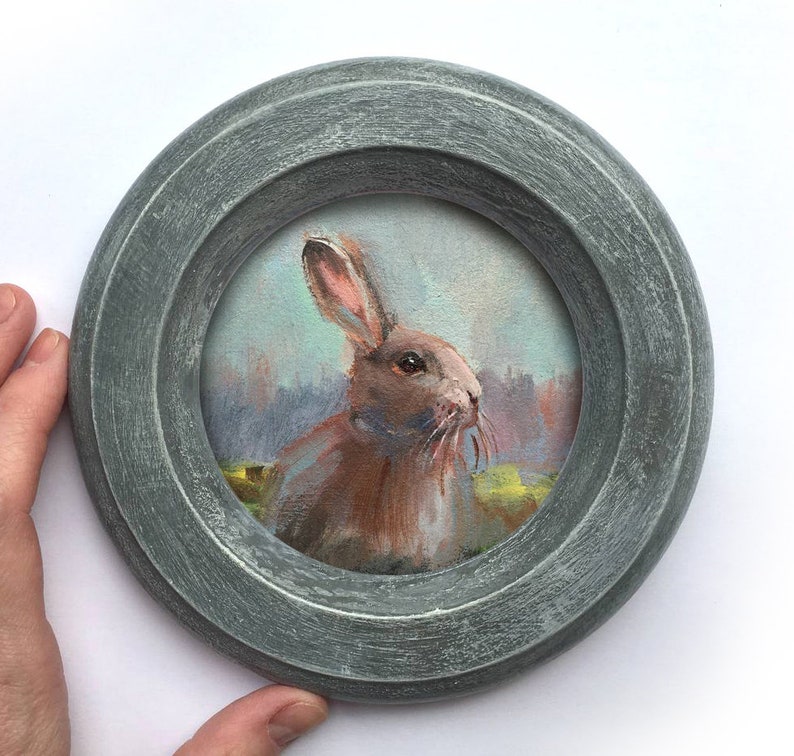 Framed Original Painting Animal landscape rabbit hare Vintage rustic farmcore cottagecore farmhouse decor rustic victorian wall decor round image 1