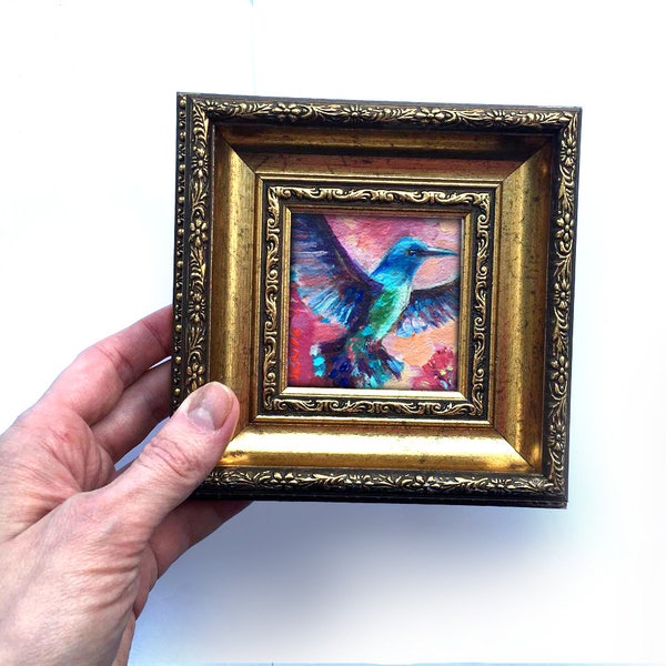 Framed Bird Original Painting hummingbird Small 3X3 tiny gift Frame Birds Artwork animals nature Shelf Home Decor Handmade mini oil painting