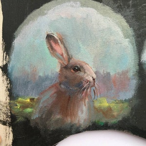 Framed Original Painting Animal landscape rabbit hare Vintage rustic farmcore cottagecore farmhouse decor rustic victorian wall decor round image 9