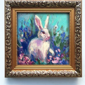 Framed Original Painting Wall Decor Oil rabbit 6x6 landscape original Art Small Bunny Gold frame Nursery wall art lover gift Easter image 5