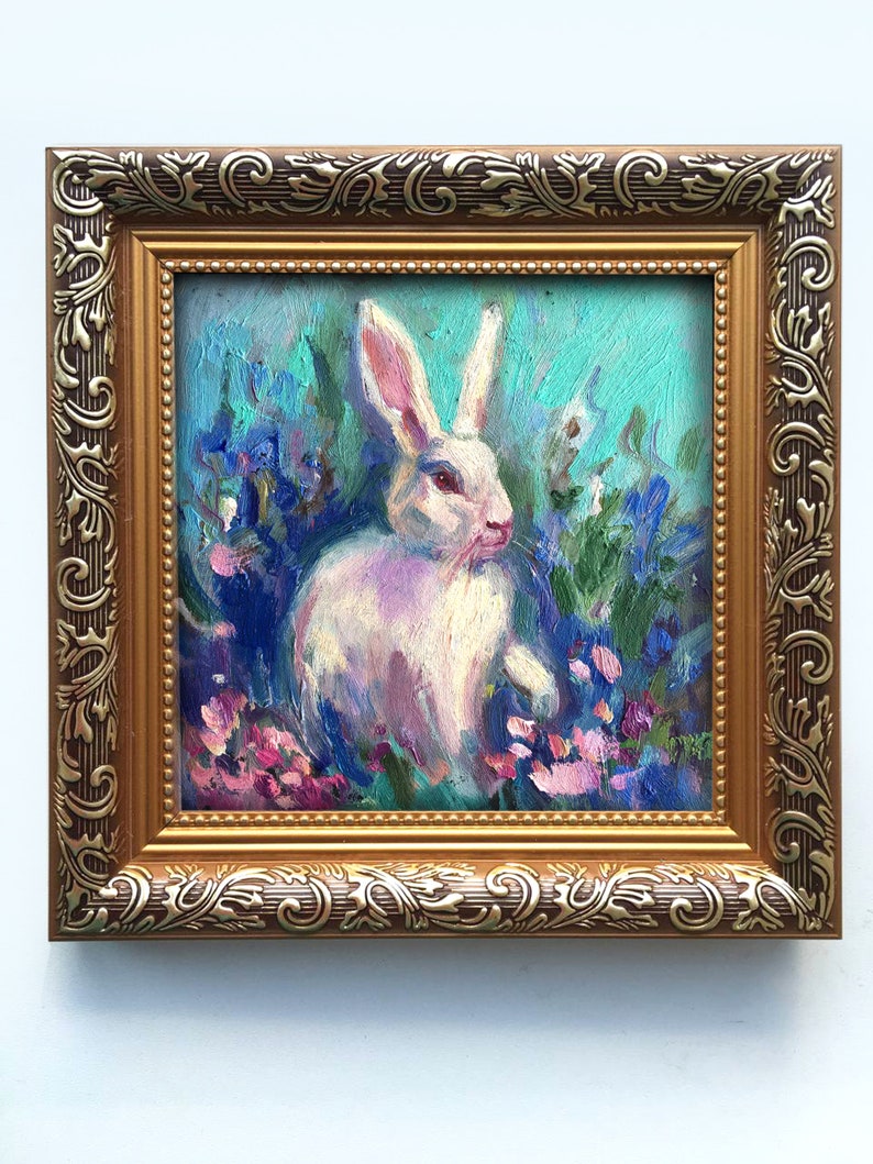 Framed Original Painting Wall Decor Oil rabbit 6x6 landscape original Art Small Bunny Gold frame Nursery wall art lover gift Easter image 5