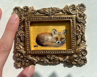 Vintage Fox Oil Painting Framed Fox Home Decor Red Fox Illustration Art Animal Painting Small Woodland Nursery Art Original Signed