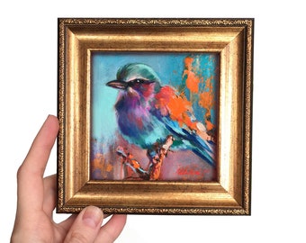 FRAMED bird original painting SMALL landscape gift for her birds on a branch animals wall art Shelf Home Decor animal gold frame bee-eater