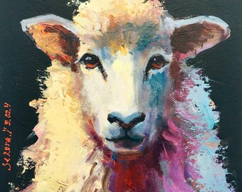 Animal Original Painting Argali Sheep ram mutton Oil Modern Impressionist Artwork for Living Room 8x8 Wall decor Small Black Art