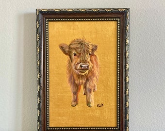 Cow Painting On Canvas Original Cow Art Farm Animal Painting Cow Wall Art Farm Artwork Country Art Small Oil Painting Framed 4x6'' Art