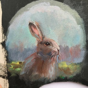 Framed Original Painting Animal landscape rabbit hare Vintage rustic farmcore cottagecore farmhouse decor rustic victorian wall decor round image 4