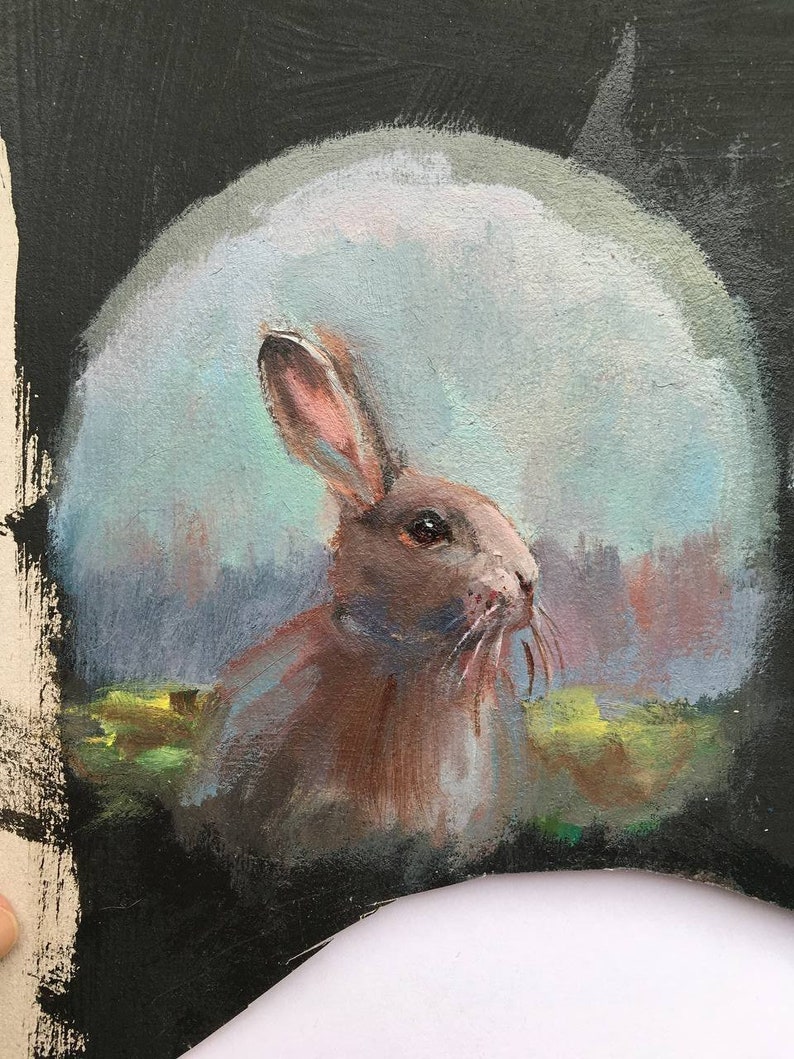 Framed Original Painting Animal landscape rabbit hare Vintage rustic farmcore cottagecore farmhouse decor rustic victorian wall decor round image 4