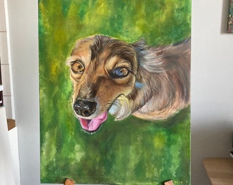 Peinture à l'huile de chien, peinture animalière originale sur toile, art vert, portrait de chien, peinture de chien, art drôle