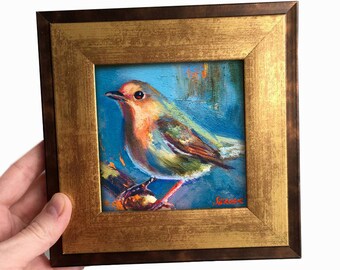 Framed original bird painting Sialia Gold frame landscape gift birds on a branch animal wall art Shelf Home Decor Antique Style