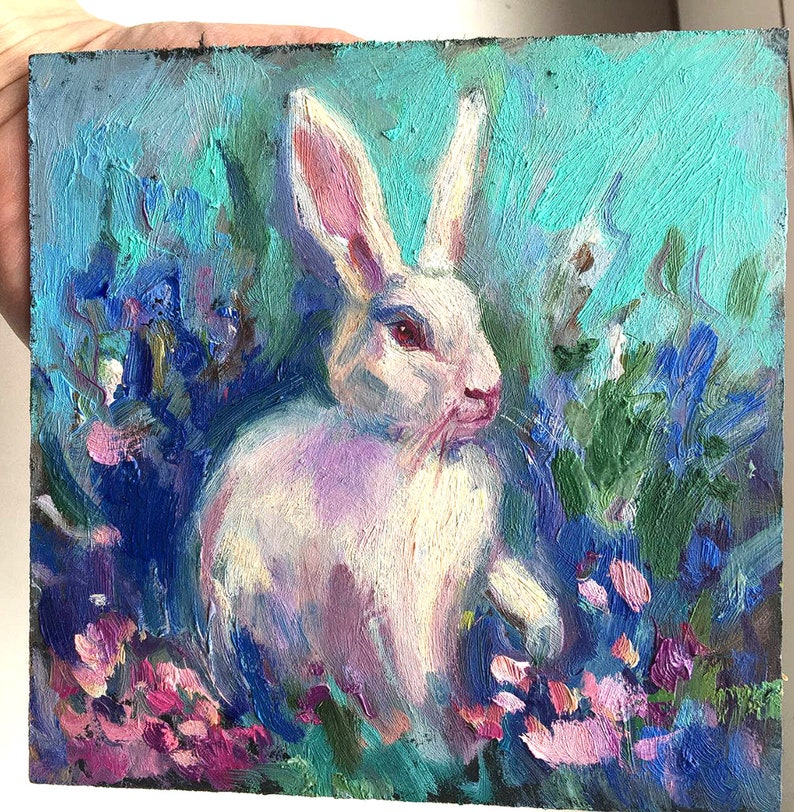 Framed Original Painting Wall Decor Oil rabbit 6x6 landscape original Art Small Bunny Gold frame Nursery wall art lover gift Easter image 9